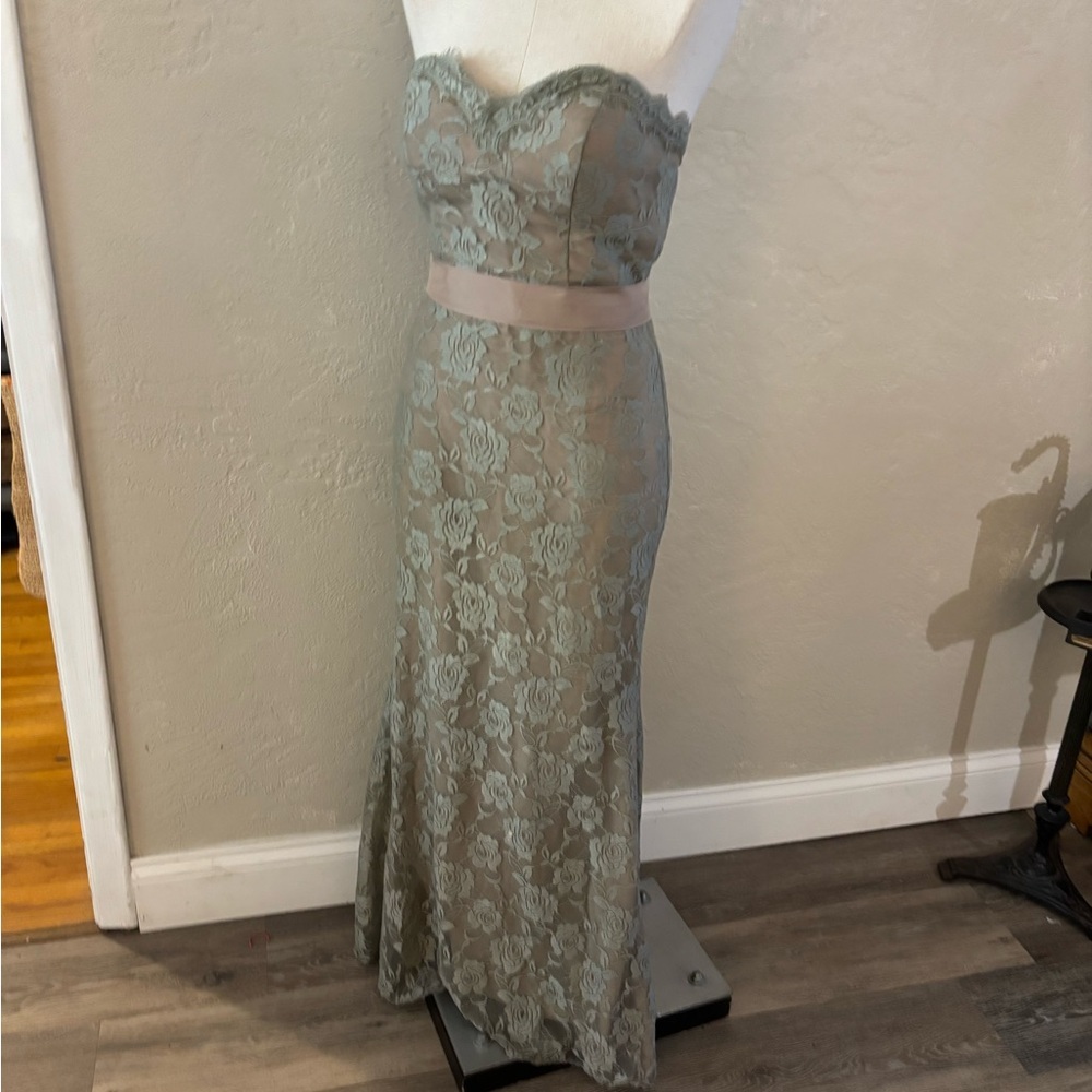Custom Made Italy Lace Strapless Evening Gown in Sage Green/ Taupe sz Small